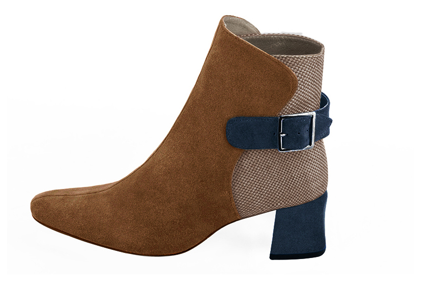 Caramel brown, tan beige and navy blue women's ankle boots with buckles at the back. Square toe. Medium block heels. Profile view - Florence KOOIJMAN